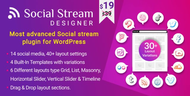 WP Social Stream Designer WordPress plugin displaying responsive social media feeds from multiple platforms