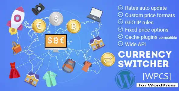 WordPress Currency Switcher plugin interface showing multi-currency dropdown with real-time exchange rates