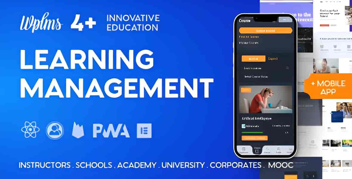 WPLMS WordPress LMS dashboard showing course builder, student analytics, and mobile app preview