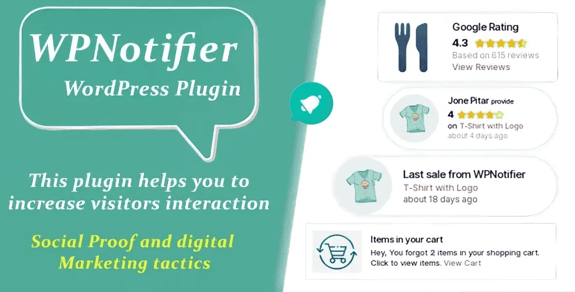 WPNotifier WordPress social proof notification plugin interface showing live sales and review popups