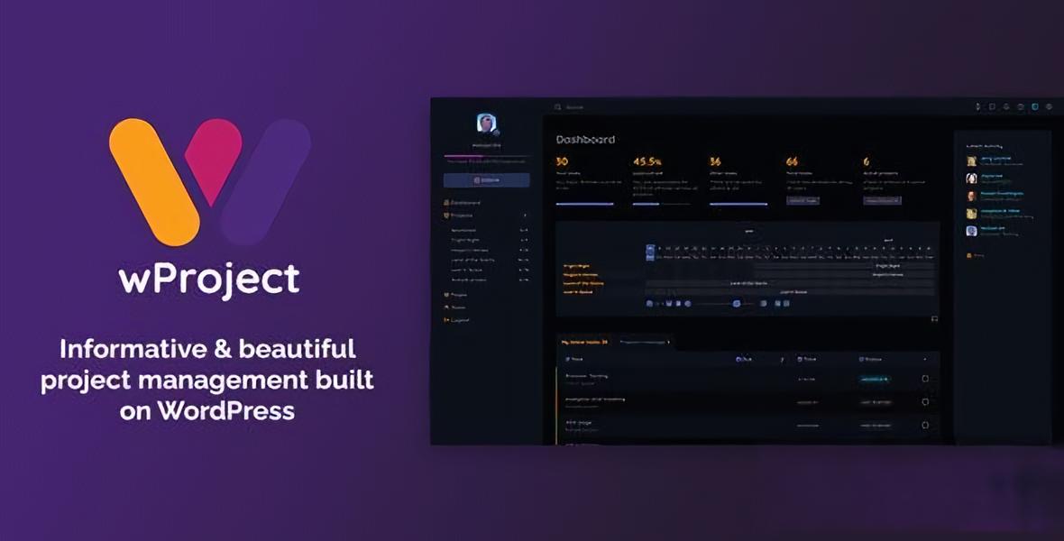 WProject WordPress project management theme dashboard showing task board, time tracking, and team collaboration interface