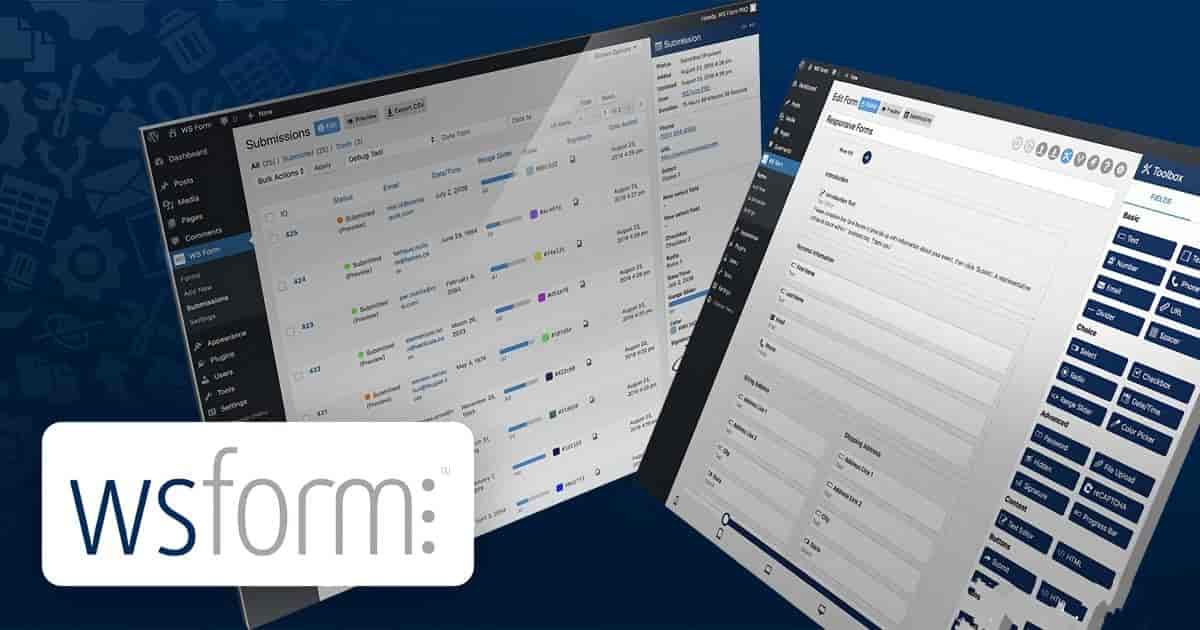 WS Form PRO WordPress form plugin interface with responsive layout editor and conditional logic settings