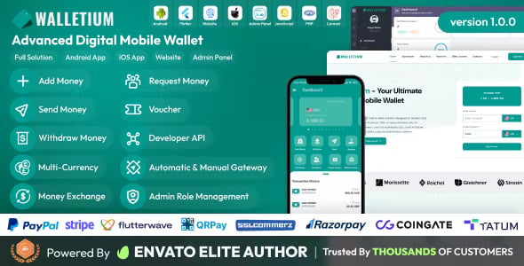 Walletium digital wallet PHP script showing Laravel backend and Flutter mobile app interface