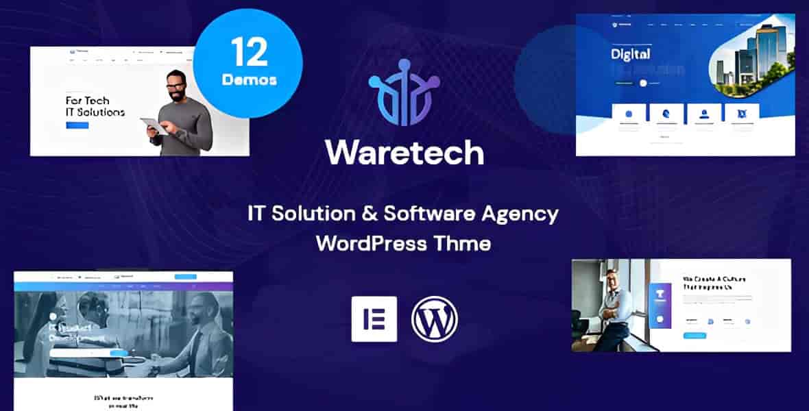 Waretech IT solutions WordPress theme homepage preview showing modern technology website design