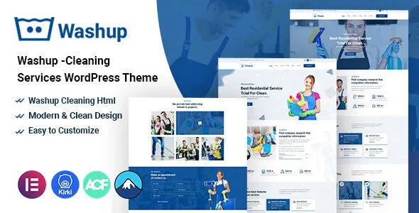 Washup cleaning services WordPress theme with Elementor builder and responsive design