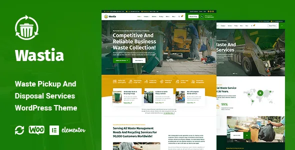 Wastia waste management WordPress theme preview showcasing Elementor-powered layout design