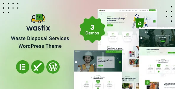 Wastix WordPress theme homepage preview showing waste management service layout with Elementor builder