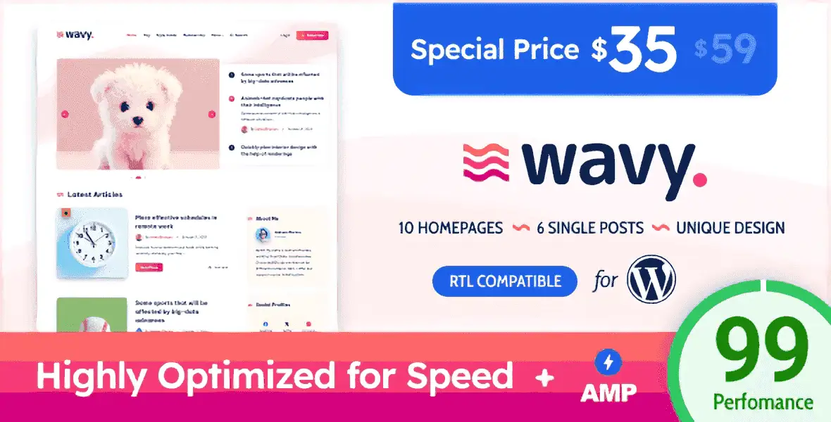 Wavy WordPress blog theme preview showcasing modern magazine-style layout with vibrant colors and clean design