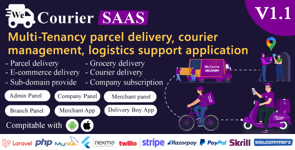 We Courier SAAS dashboard showing multi-tenant courier management interface with parcel tracking and merchant overview