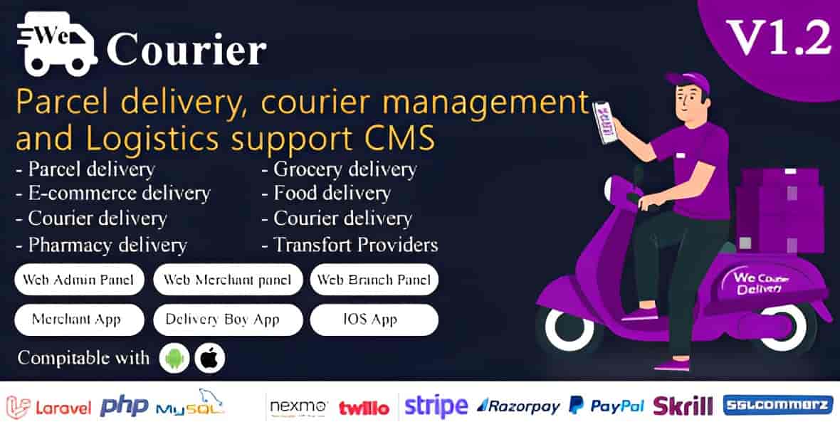 We Courier courier management system dashboard with merchant and delivery app interfaces