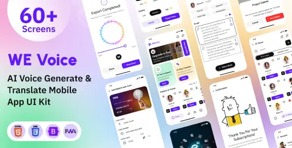 We Voice AI-powered text-to-voice generation and translation mobile app PWA HTML template interface preview