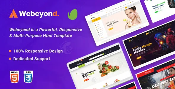 WeBeyond multipurpose HTML5 template package showing 25 homepage demo previews across business, e-commerce, portfolio, and niche industry designs