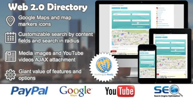 Web 2.0 WordPress Directory Plugin interface showing listing management and map search features