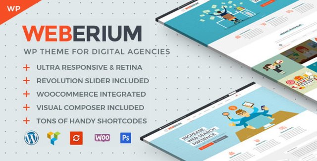 Weberium corporate WordPress theme homepage layout preview