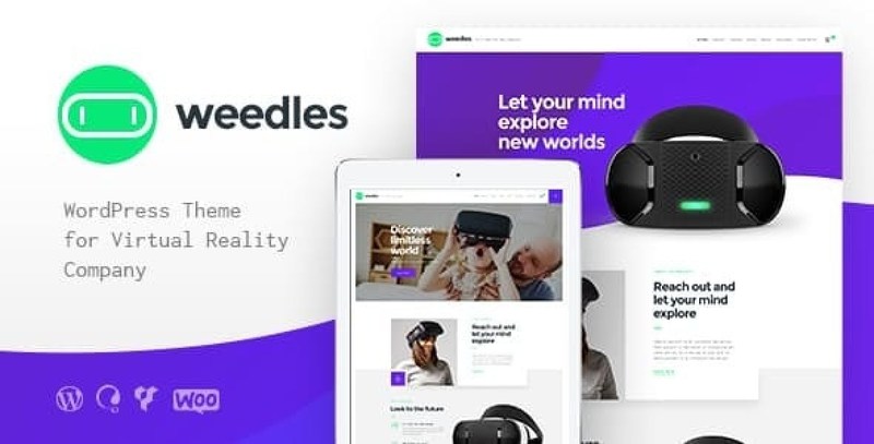 Weedles virtual reality WordPress theme preview showcasing modern VR product store layout