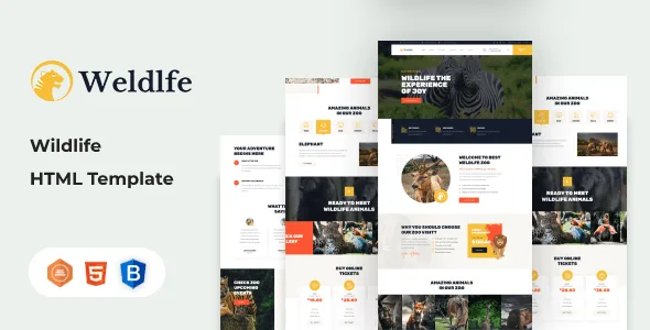Weldlfe wildlife HTML template preview for zoos and animal care websites