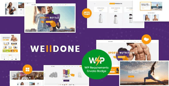 Welldone sports WordPress theme showcasing a modern fitness website layout with bold design and WooCommerce integration