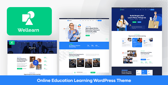 Wellearn WordPress LMS theme interface showing course builder and student dashboard