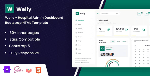 Welly hospital admin dashboard Bootstrap HTML template preview