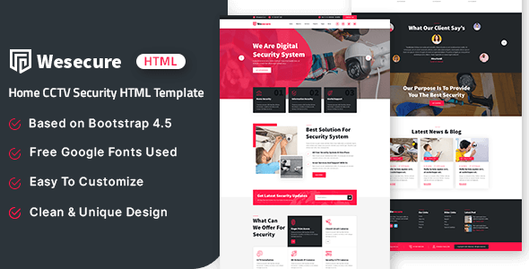 Wesecure home CCTV security HTML template preview showing a professional website layout for residential security companies