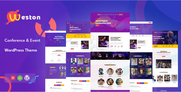 Weston conference and event WordPress theme homepage demo showing event agenda and registration layout