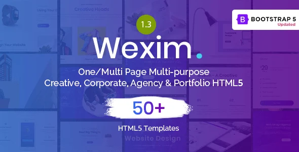 Wexim one page parallax HTML template preview showcasing modern startup website design with smooth scrolling effects
