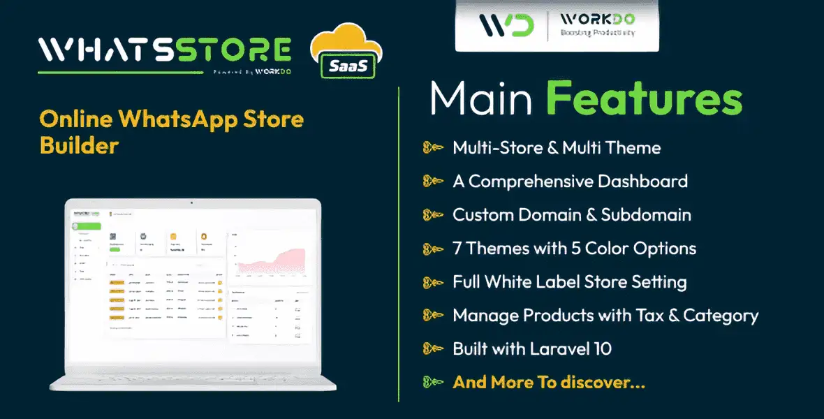 WhatsStore SaaS WhatsApp store builder dashboard showing product catalog and order management