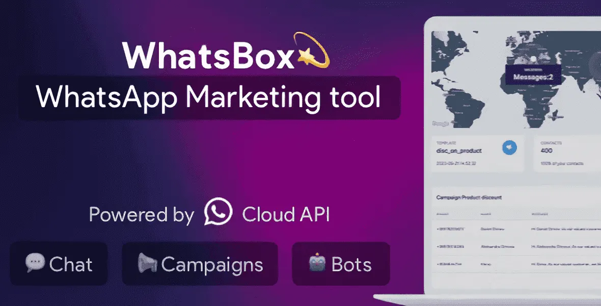 WhatsBox WhatsApp marketing tool interface showing bulk sender and chatbot features