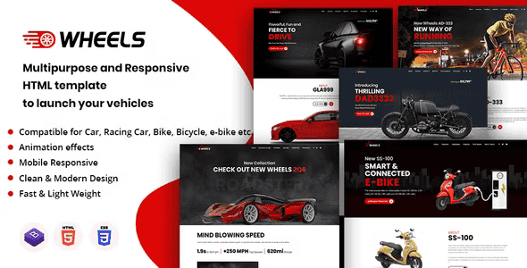 Wheels automobile HTML5 template showcasing car business landing page with vehicle gallery and dealer locator