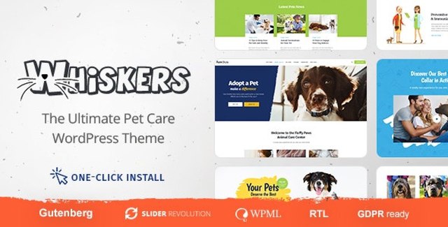 Whiskers WordPress theme preview for pet shop and veterinary clinic websites