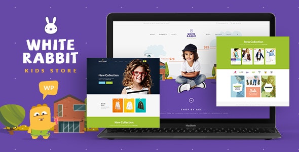 White Rabbit kids store WordPress theme showcasing a colorful responsive WooCommerce layout