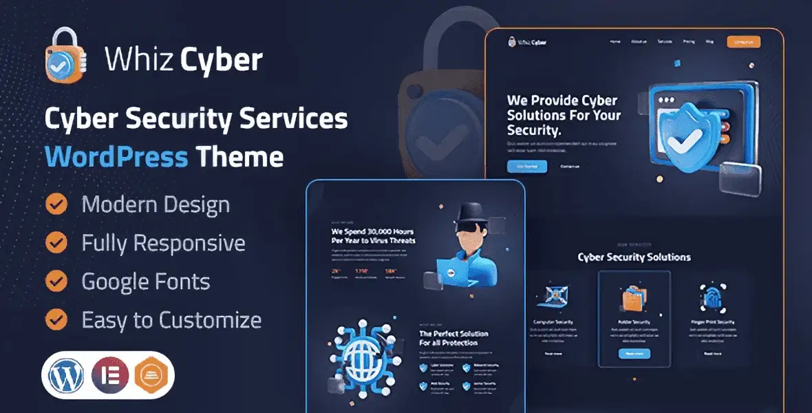 WhizCyber cyber security WordPress theme preview featuring professional cybersecurity service website layouts