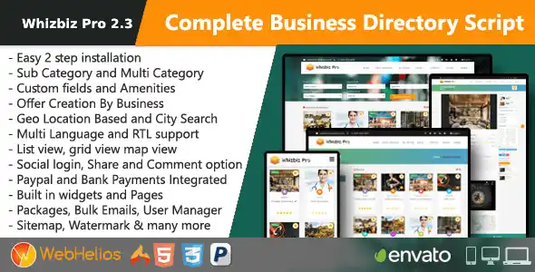Whizbiz Pro business directory PHP script interface showing map search and business listing results