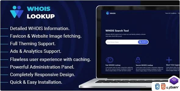 WHOIS lookup PHP script dashboard showing formatted domain query results on a responsive web interface