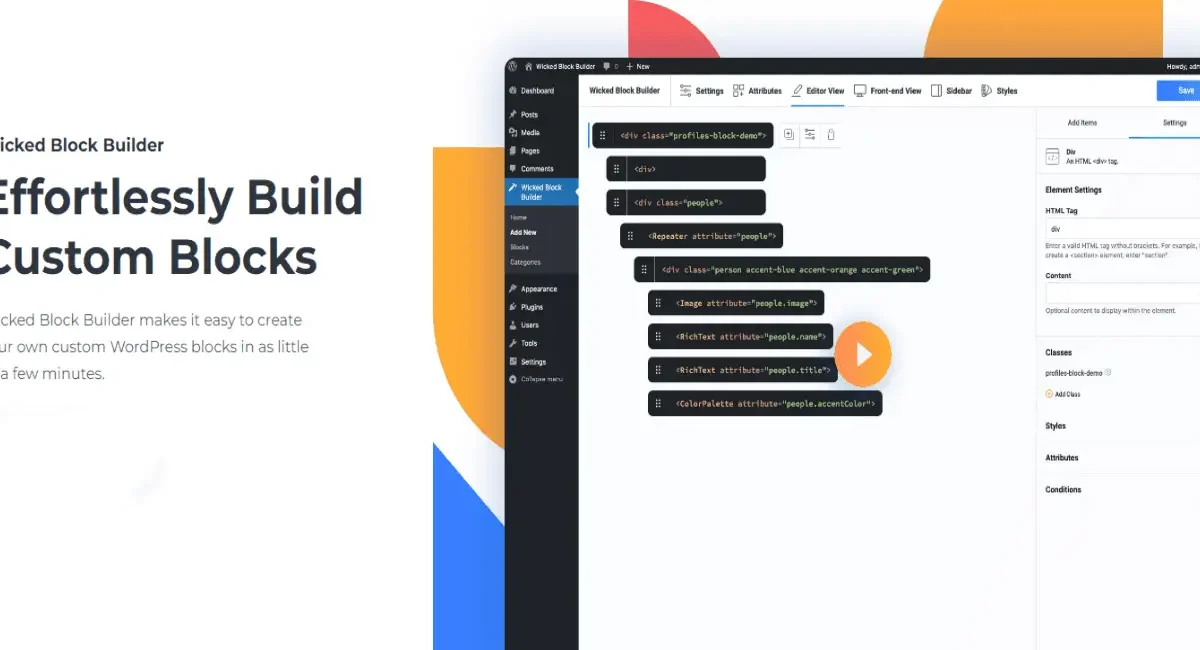 Wicked Block Builder Pro plugin for creating custom WordPress blocks with integrated components