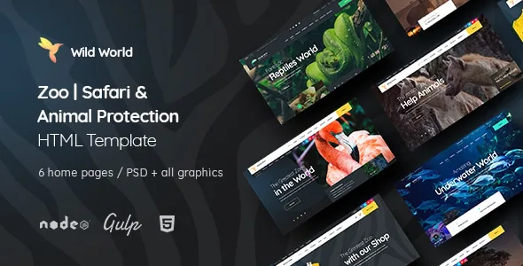 WildWorld zoo safari and animal protection HTML template preview showing wildlife-themed website layout