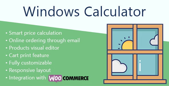 Windows Calculator WordPress Plugin admin interface showing visual product builder with PVC window configuration options and live price calculation