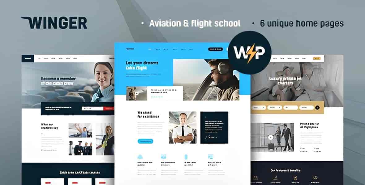 Winger aviation WordPress theme homepage preview for flight schools and pilot academies