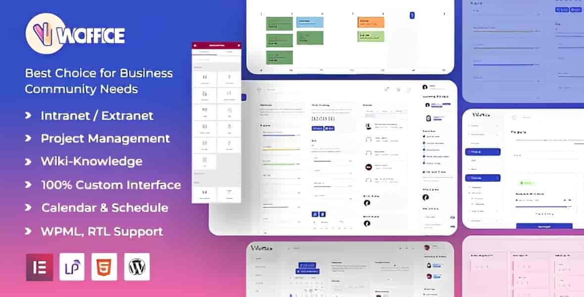Woffice WordPress intranet and extranet theme dashboard showing modern community network interface