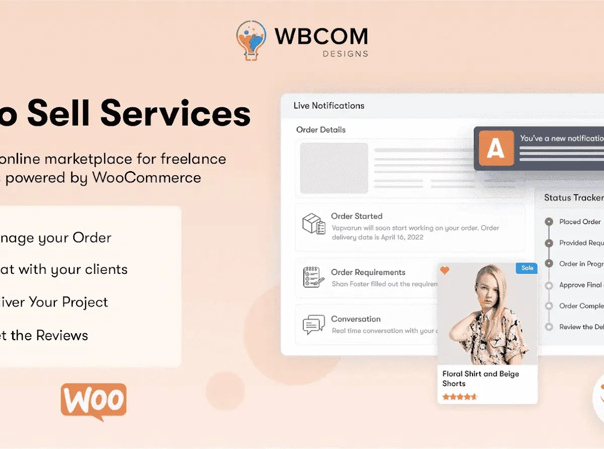 WooSell Services WooCommerce plugin dashboard showing service product type and customer messaging interface
