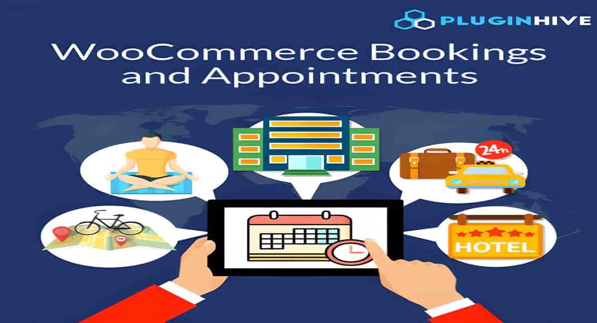 WooCommerce Bookings and Appointments plugin dashboard showing calendar view with available time slots and booking management