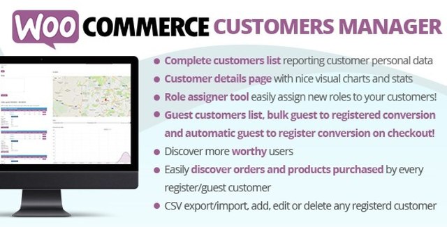 WooCommerce Customers Manager plugin interface showing customer dashboard with order history, notes, and email tools