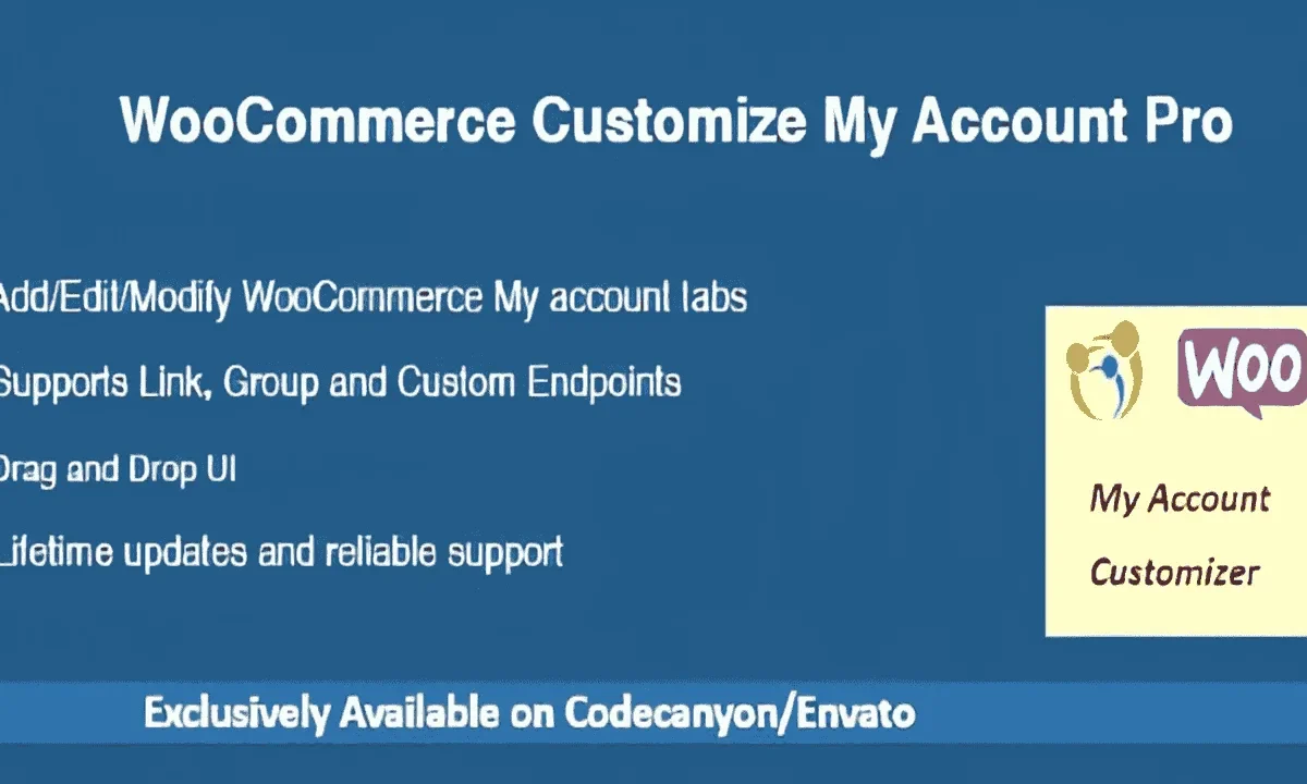 WooCommerce Customize My Account Pro plugin interface showing drag-and-drop tab management
