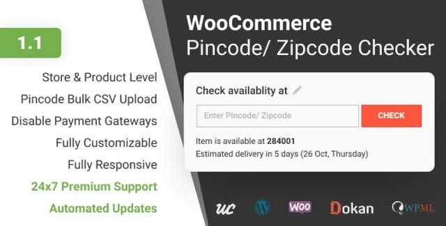 WooCommerce pincode checker plugin interface showing delivery availability verification on product page
