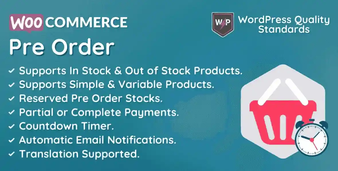 WooCommerce Pre Order plugin for WordPress showing pre-order settings and countdown timer features