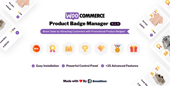 WooCommerce Product Badge Manager plugin interface showing unlimited product badge creation and assignment