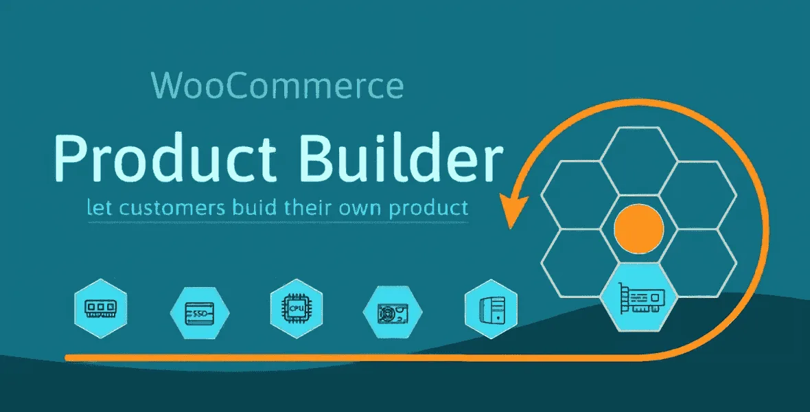 WooCommerce Product Builder interface showing step-by-step PC configuration with component filters and compatibility indicators