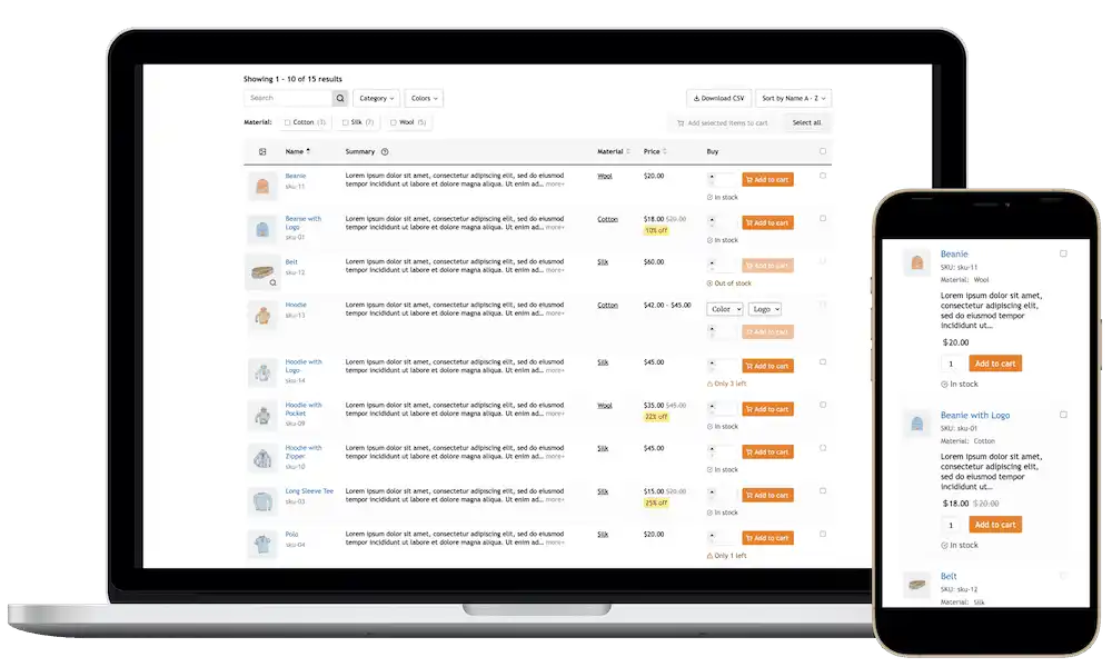 WooCommerce Product Table PRO plugin displaying products in a customizable table format for quick ordering