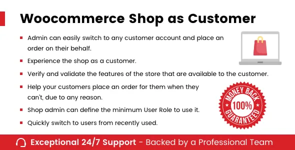 WooCommerce Shop As Customer plugin interface showing admin switching to a customer account to place orders and manage invoices