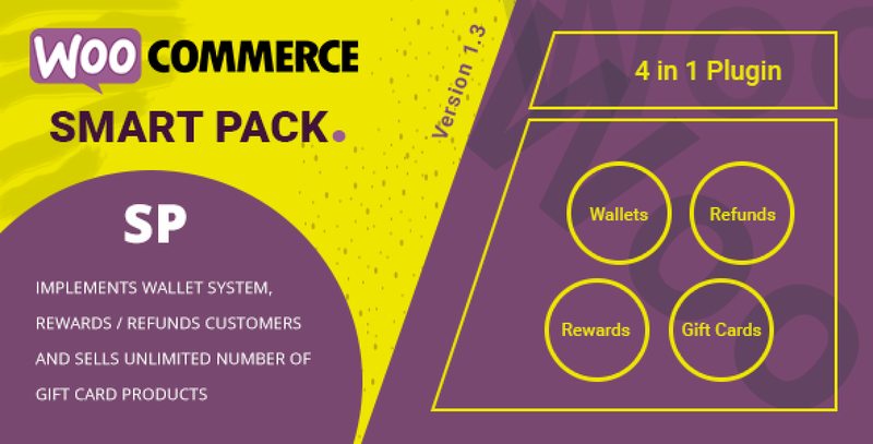 WooCommerce Smart Pack plugin dashboard showing wallet, gift card, reward, and refund extension toggles